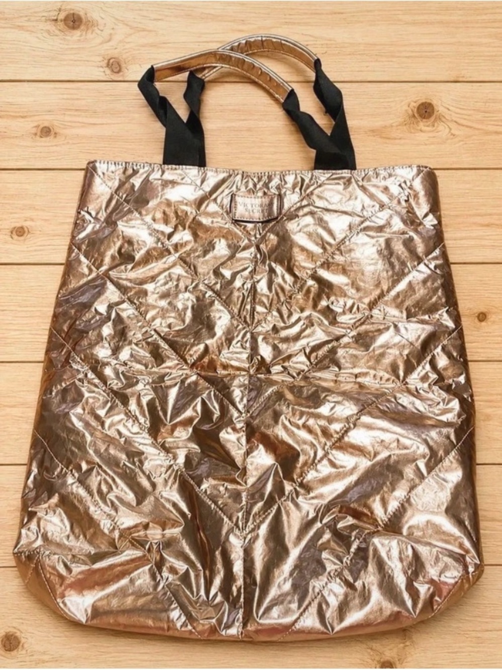 Victoria's Secret Metallic Rose Tote with Black Ribbon Handles